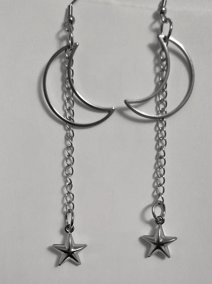 Crescent Moon Star Dangle Hoop Earrings: Stainless Steel Witchy Goth Jewelry