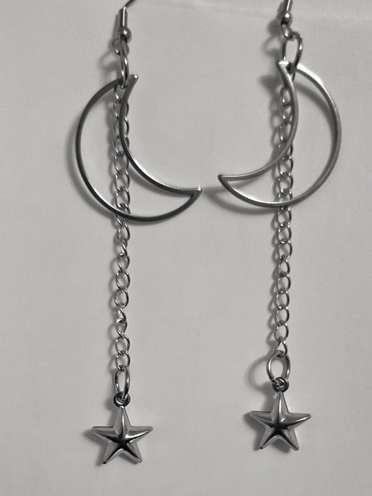Crescent Moon Star Dangle Hoop Earrings: Stainless Steel Witchy Goth Jewelry