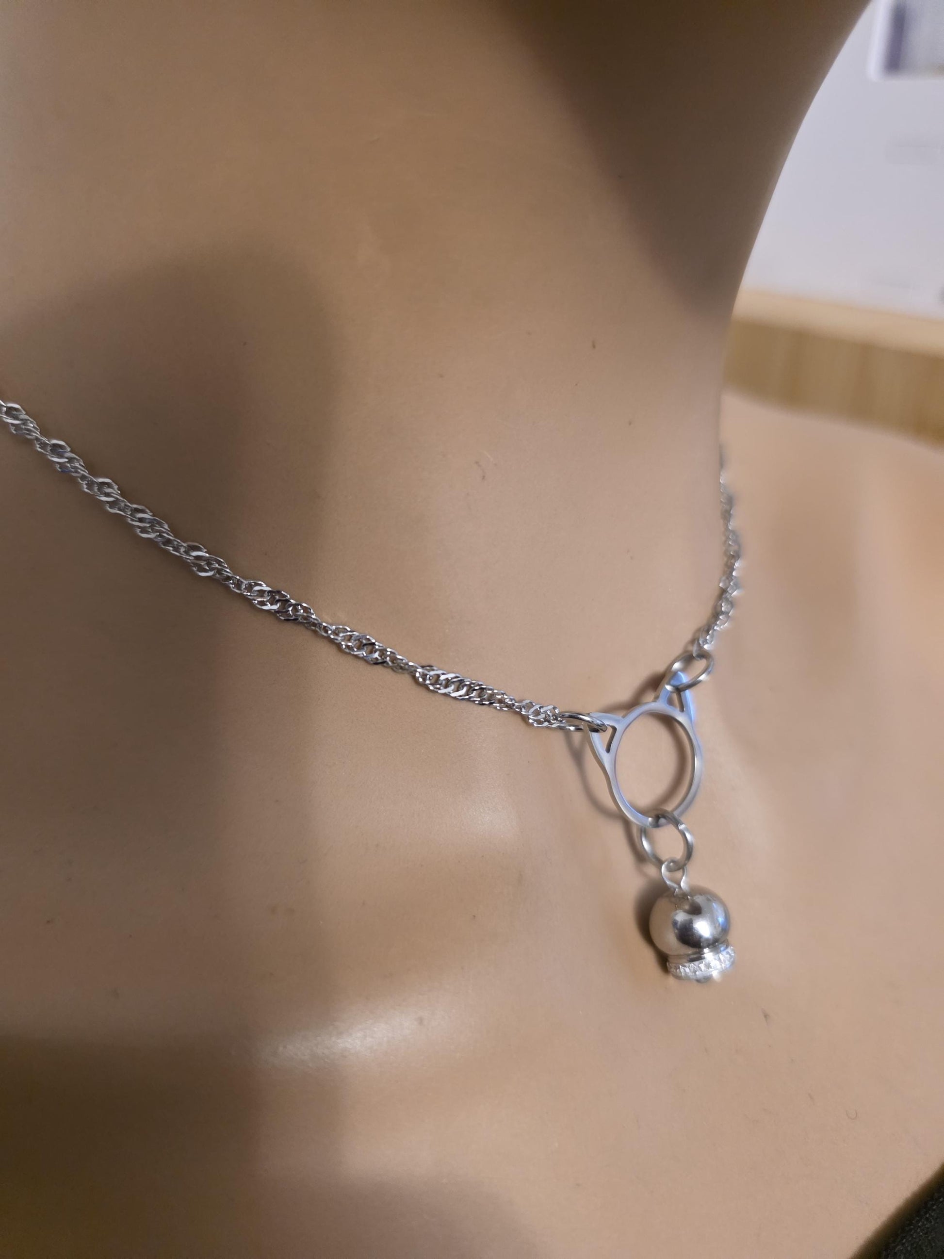 Kitten Bell the Kitty Cat Day Collar Choker BDSM Silver Necklace Coquette with Permanent Locking Option