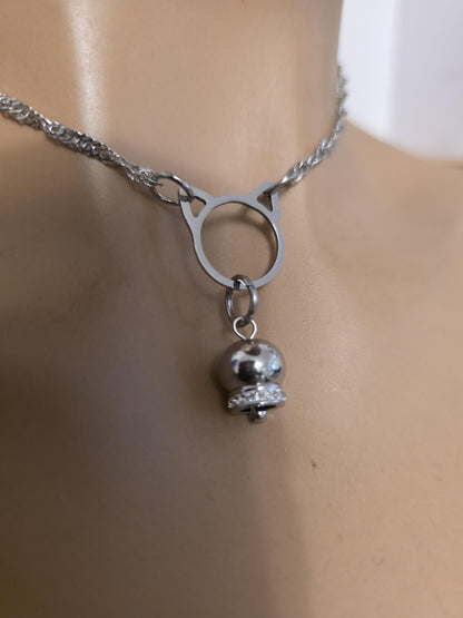 Kitten Bell the Kitty Cat Day Collar Choker BDSM Silver Necklace Coquette with Permanent Locking Option
