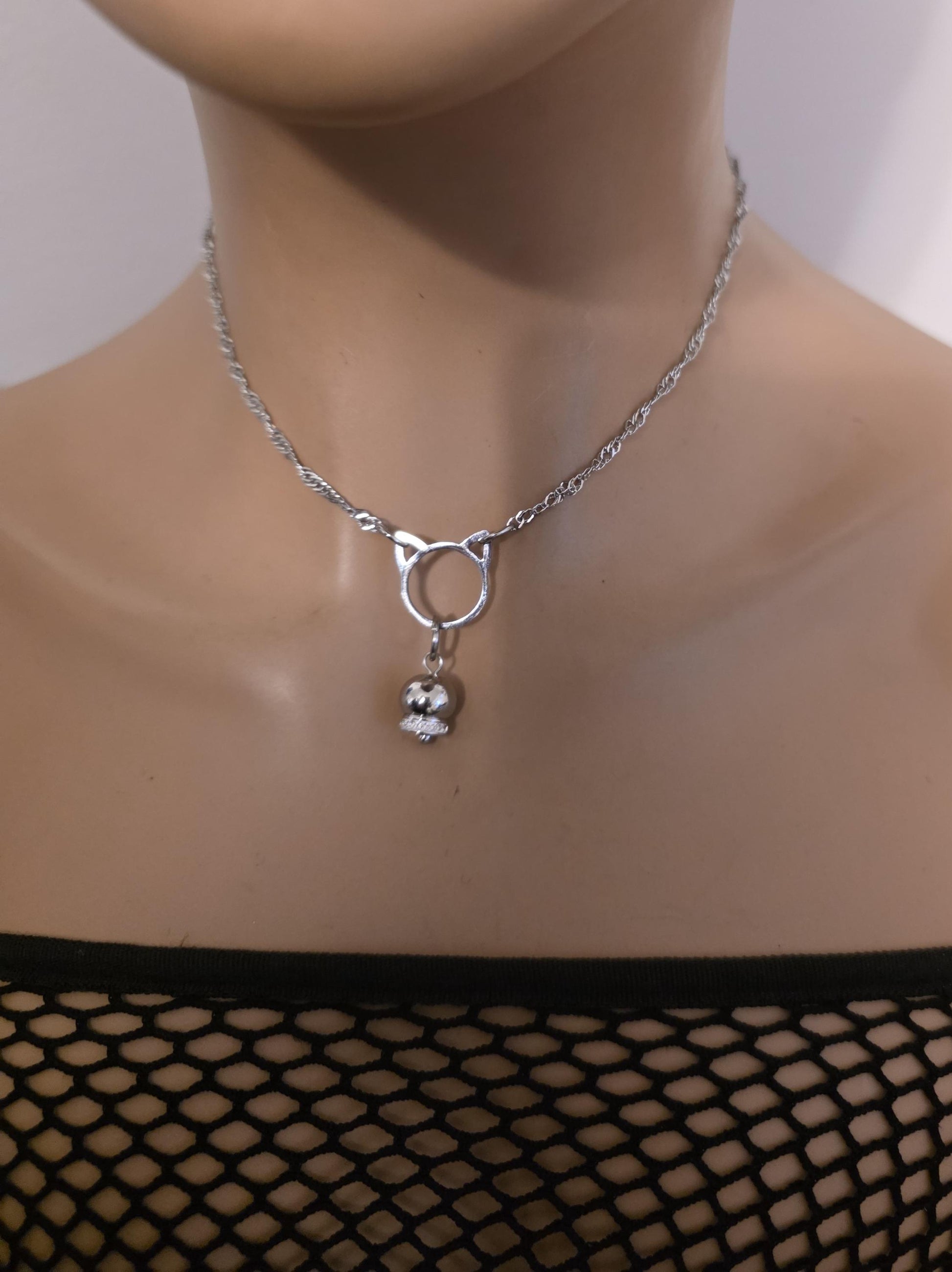Kitten Bell the Kitty Cat Day Collar Choker BDSM Silver Necklace Coquette with Permanent Locking Option