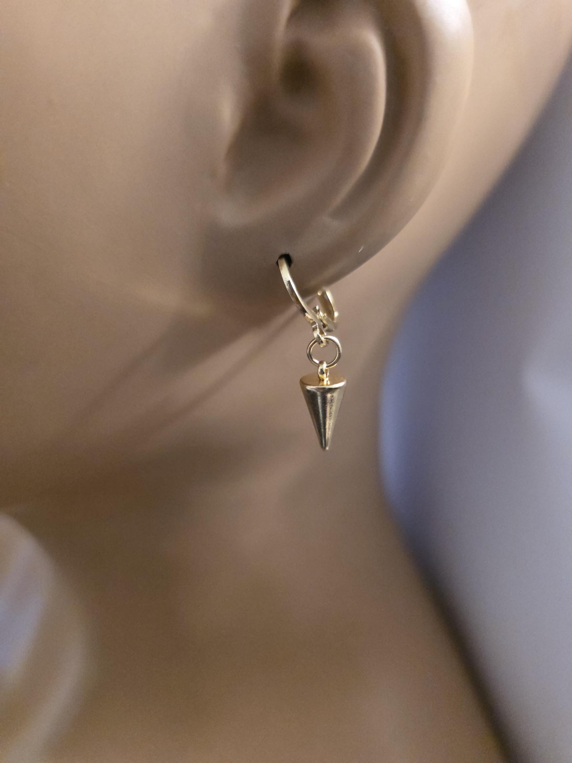 Gold Minimalist Dainty Spike Dangle Earrings: Punk Gold Plated Steel Huggie Hoops