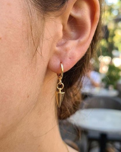 Gold Minimalist Dainty Spike Dangle Earrings: Punk Gold Plated Steel Huggie Hoops
