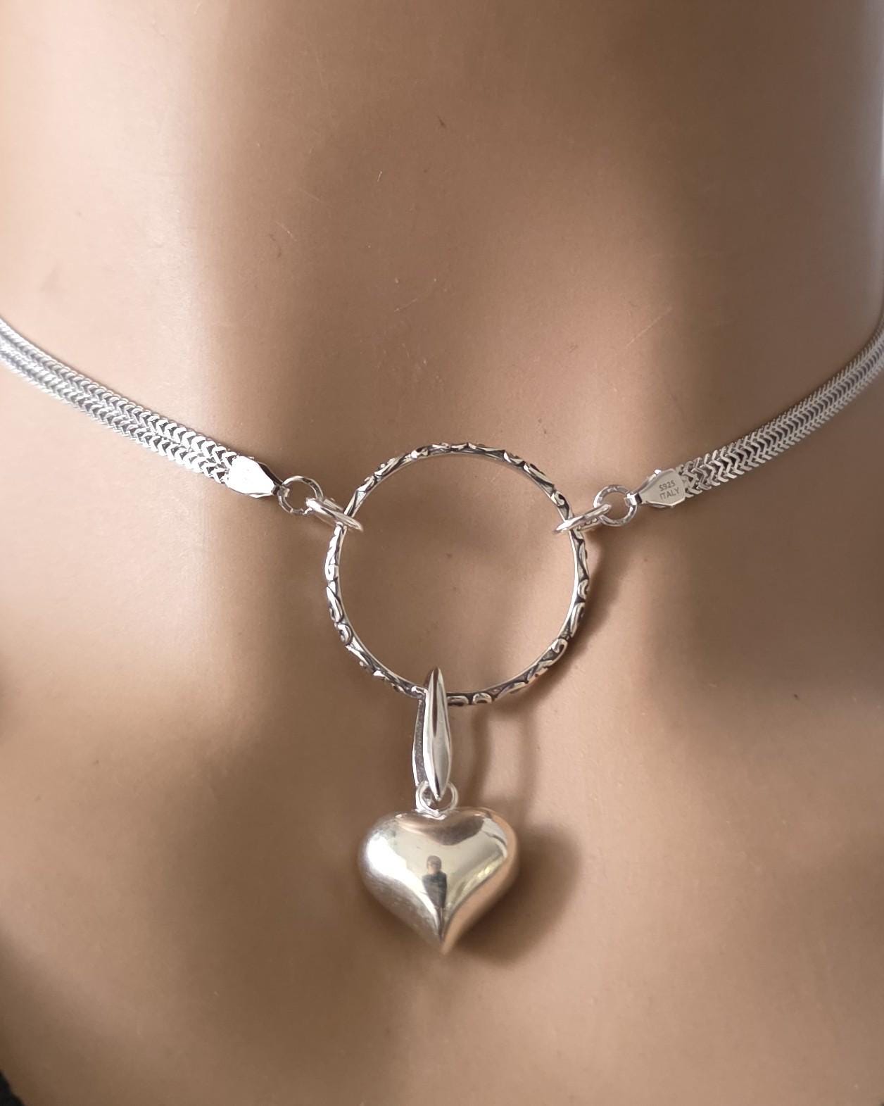 Sterling Silver Heart Discreet Day Collar Choker Necklace with Permanent Locking Ring Option - Intimate Partner Jewelry