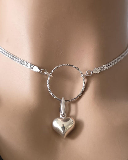 Sterling Silver Heart Discreet Day Collar Choker Necklace with Permanent Locking Ring Option - Intimate Partner Jewelry