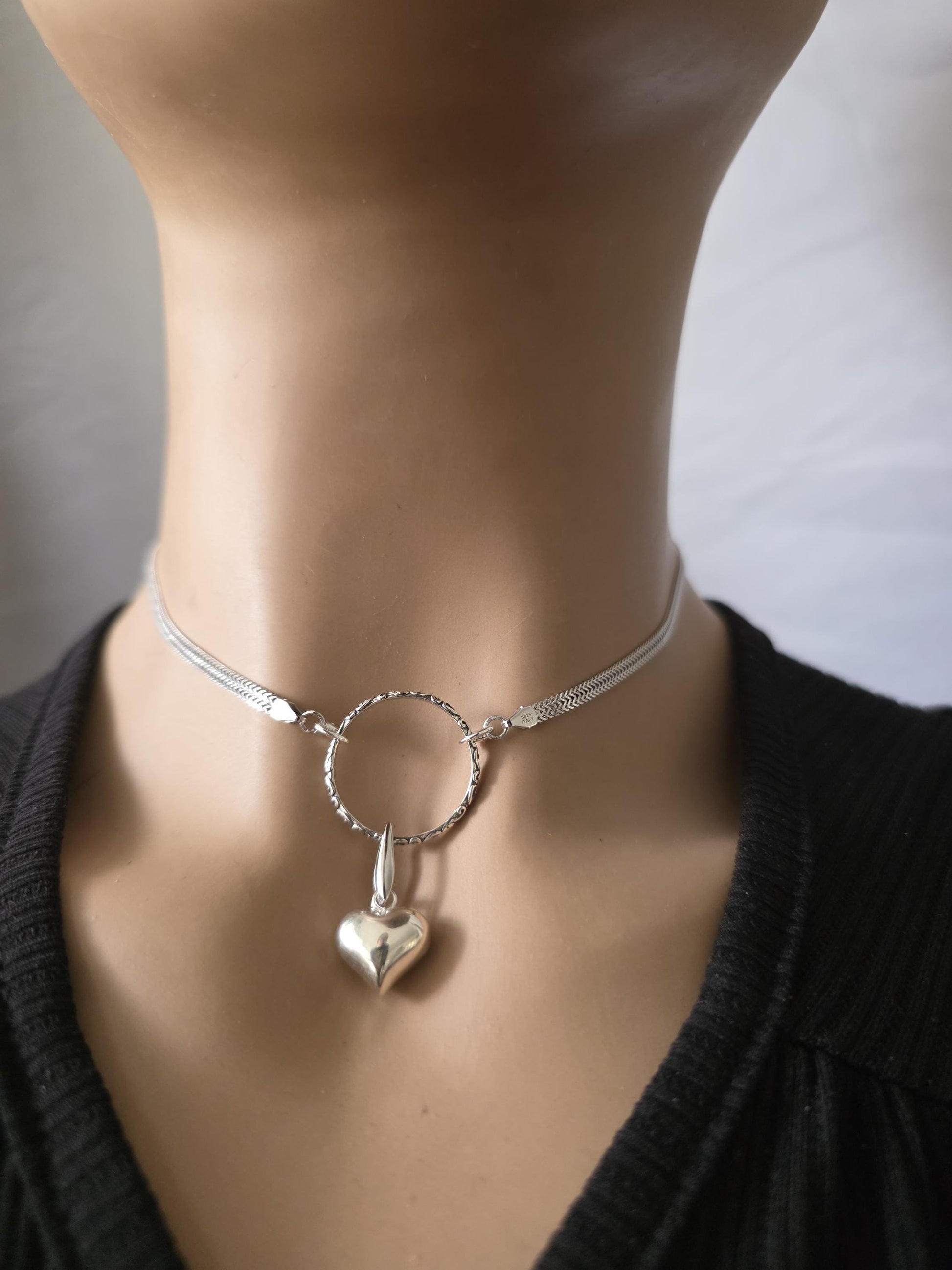 Sterling Silver Heart Discreet Day Collar Choker Necklace with Permanent Locking Ring Option - Intimate Partner Jewelry