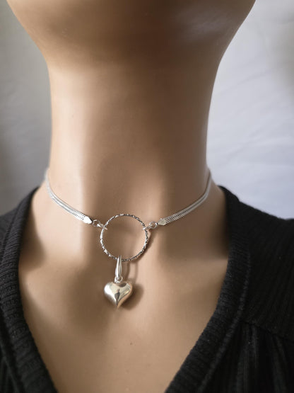 Sterling Silver Heart Discreet Day Collar Choker Necklace with Permanent Locking Ring Option - Intimate Partner Jewelry