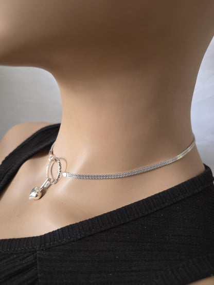Sterling Silver Heart Discreet Day Collar Choker Necklace with Permanent Locking Ring Option - Intimate Partner Jewelry