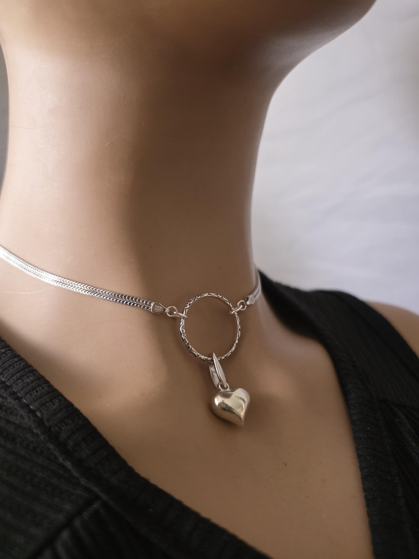 Sterling Silver Heart Discreet Day Collar Choker Necklace with Permanent Locking Ring Option - Intimate Partner Jewelry