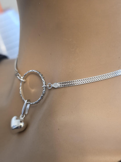 Sterling Silver Heart Discreet Day Collar Choker Necklace with Permanent Locking Ring Option - Intimate Partner Jewelry