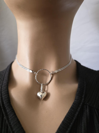 Sterling Silver Heart Discreet Day Collar Choker Necklace with Permanent Locking Ring Option - Intimate Partner Jewelry