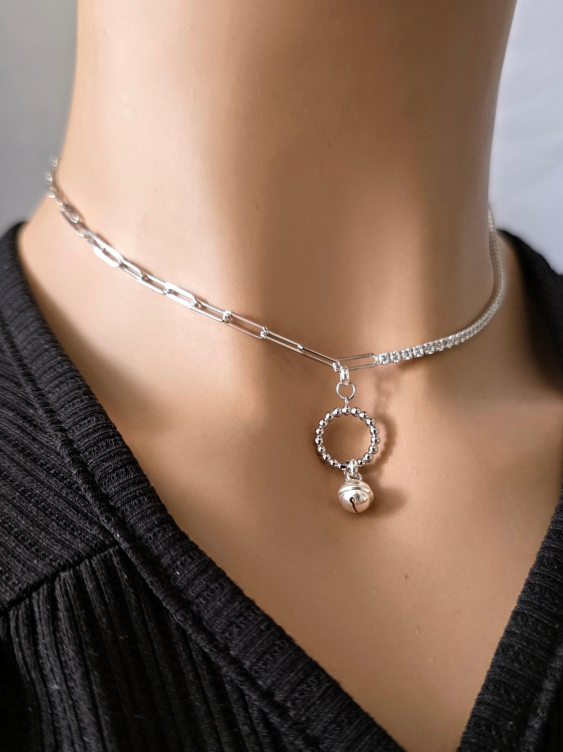 925 Solid Sterling Silver Bell Day Collar Cubic Zirconia Choker Necklace - Locking Option - Intimate Partner Jewelry
