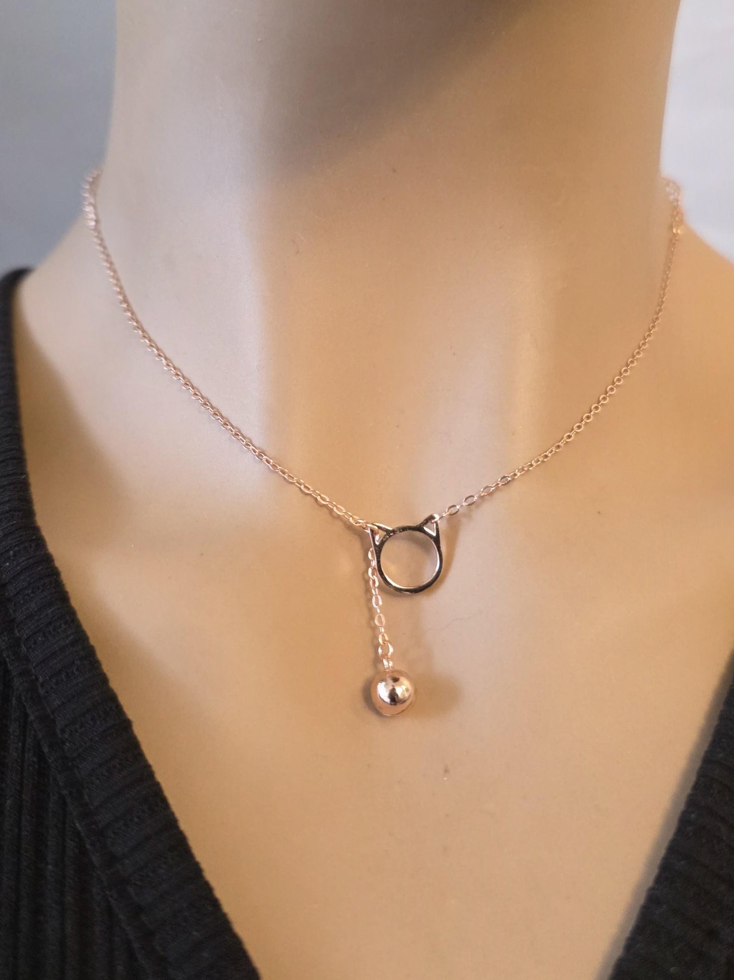 Rose Gold plated 925 Solid Sterling Silver Kitty & Bell Day Collar Choker Necklace - Intimate Partner Jewelry