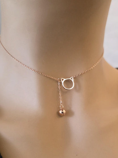 Rose Gold plated 925 Solid Sterling Silver Kitty & Bell Day Collar Choker Necklace - Intimate Partner Jewelry