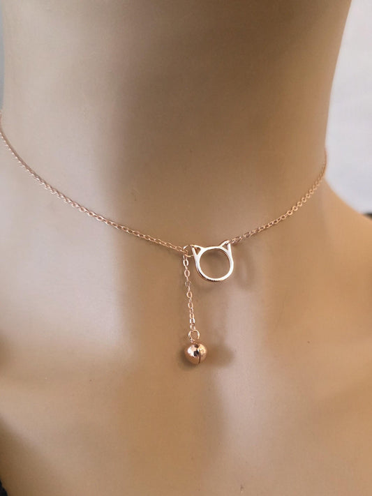 Rose Gold plated 925 Solid Sterling Silver Kitty & Bell Day Collar Choker Necklace - Intimate Partner Jewelry