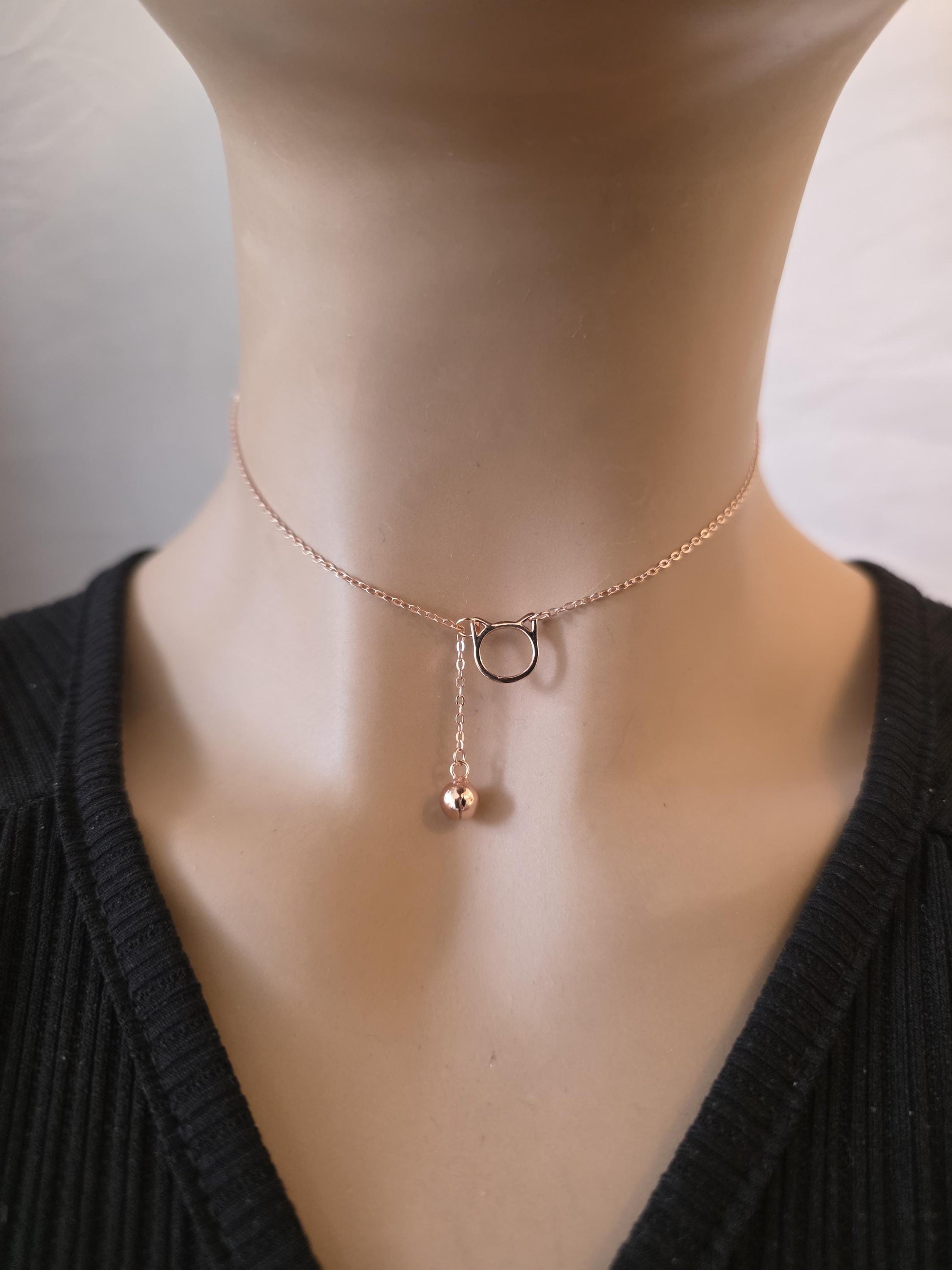 Rose Gold plated 925 Solid Sterling Silver Kitty & Bell Day Collar Choker Necklace - Intimate Partner Jewelry