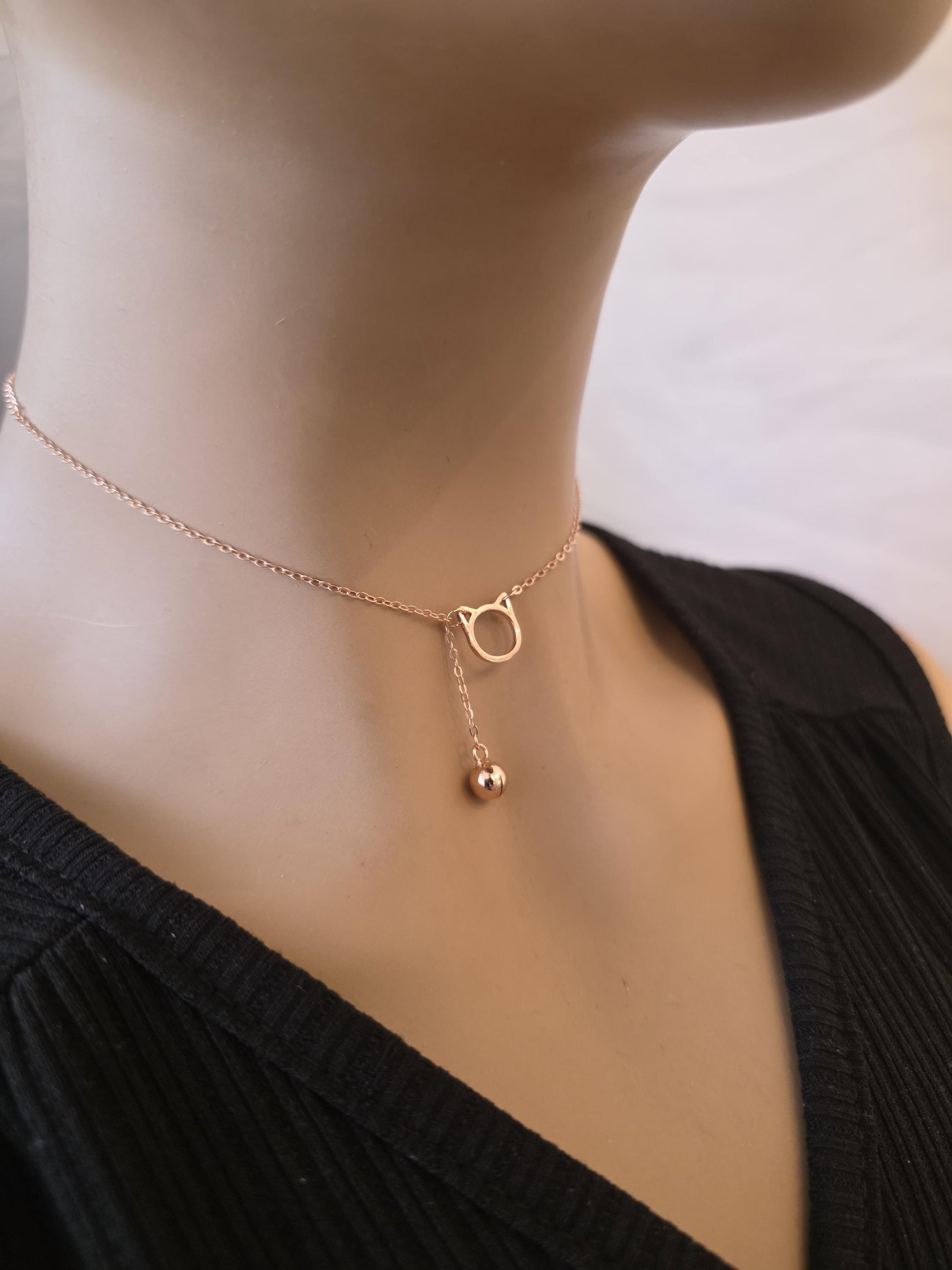 Rose Gold plated 925 Solid Sterling Silver Kitty & Bell Day Collar Choker Necklace - Intimate Partner Jewelry