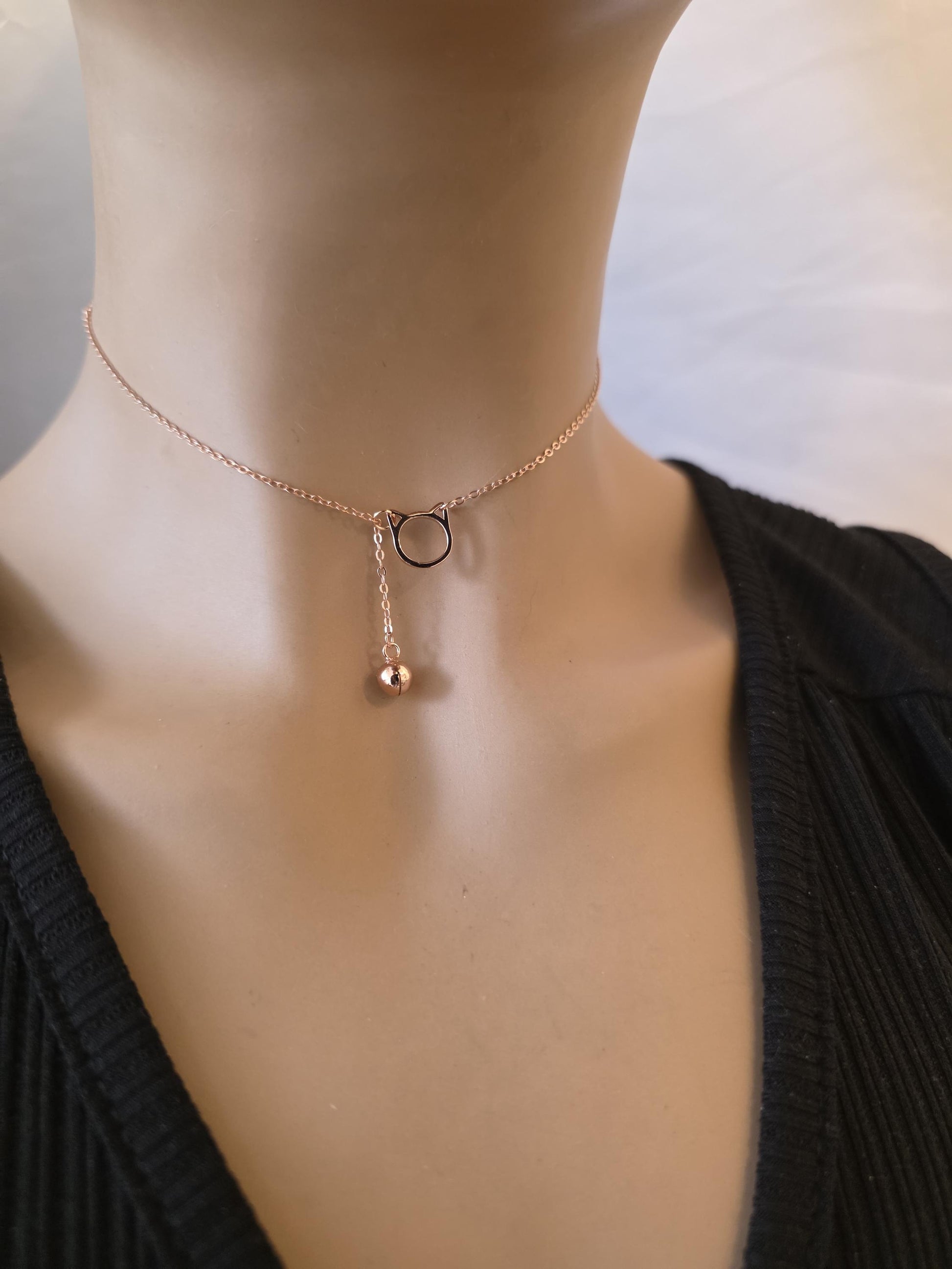 Rose Gold plated 925 Solid Sterling Silver Kitty & Bell Day Collar Choker Necklace - Intimate Partner Jewelry