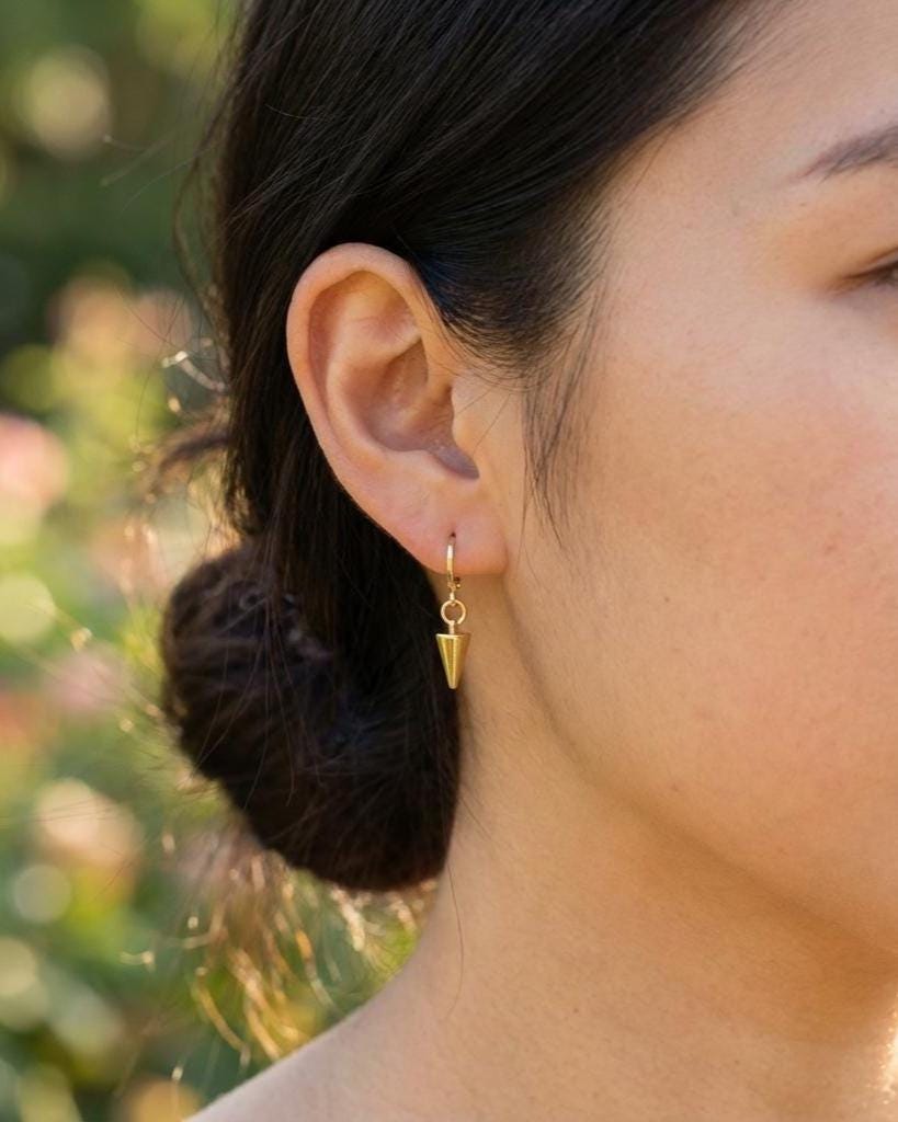 Gold Minimalist Dainty Spike Dangle Earrings: Punk Gold Plated Steel Huggie Hoops
