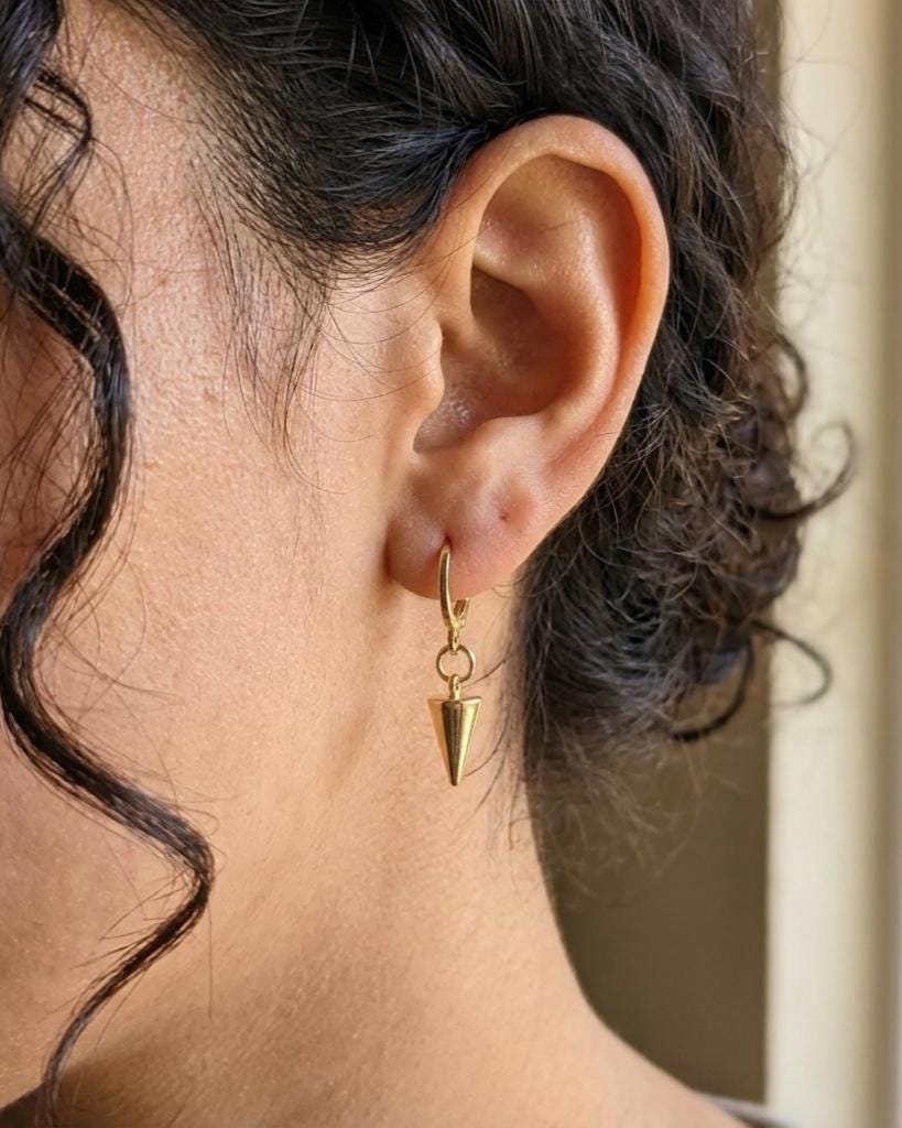 Gold Minimalist Dainty Spike Dangle Earrings: Punk Gold Plated Steel Huggie Hoops