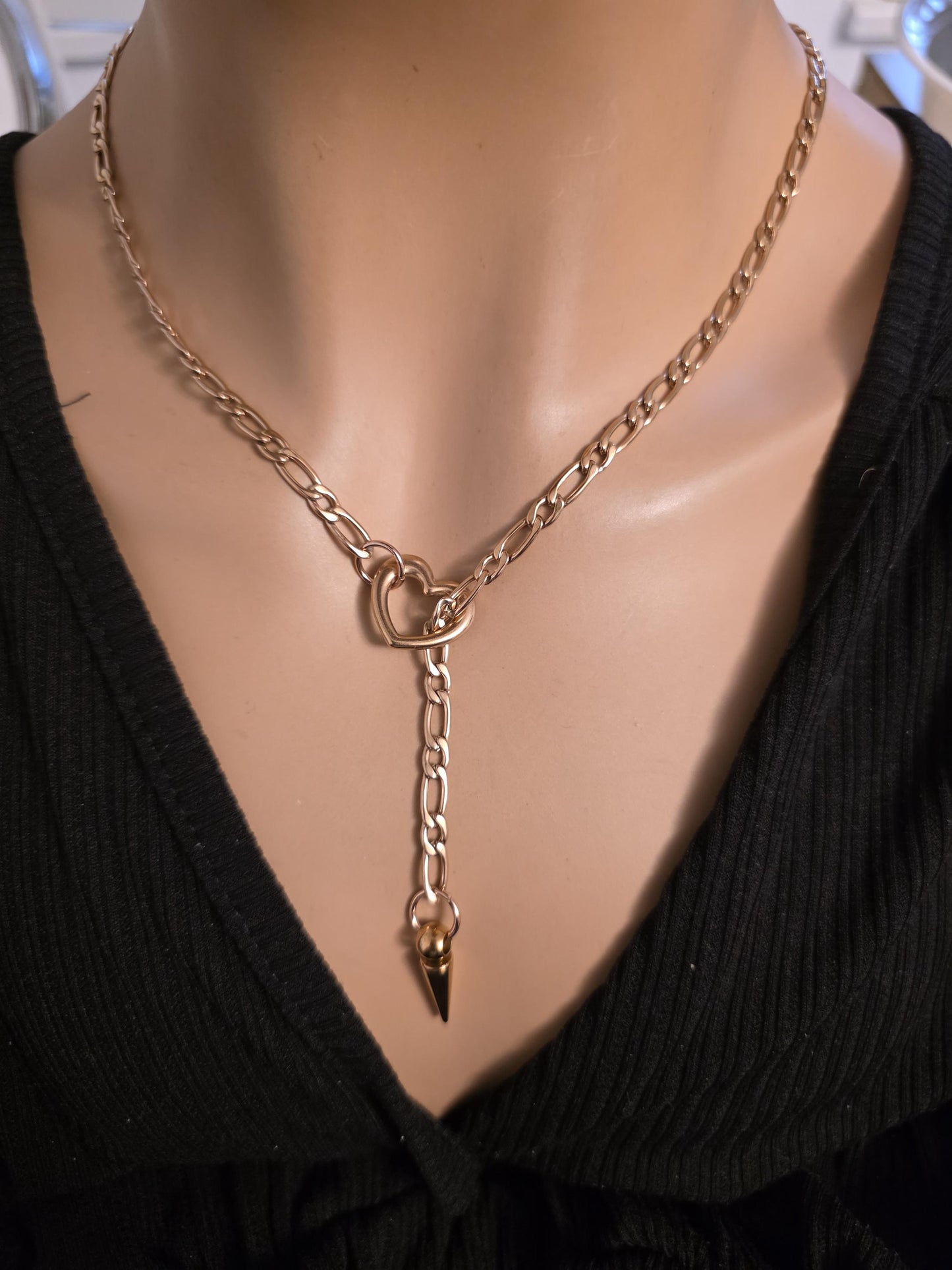 Rose Gold Plated Steel Slip Chain Lariat Heart Necklace with spike Pendant: Discreet Day Collar Couples Jewelry