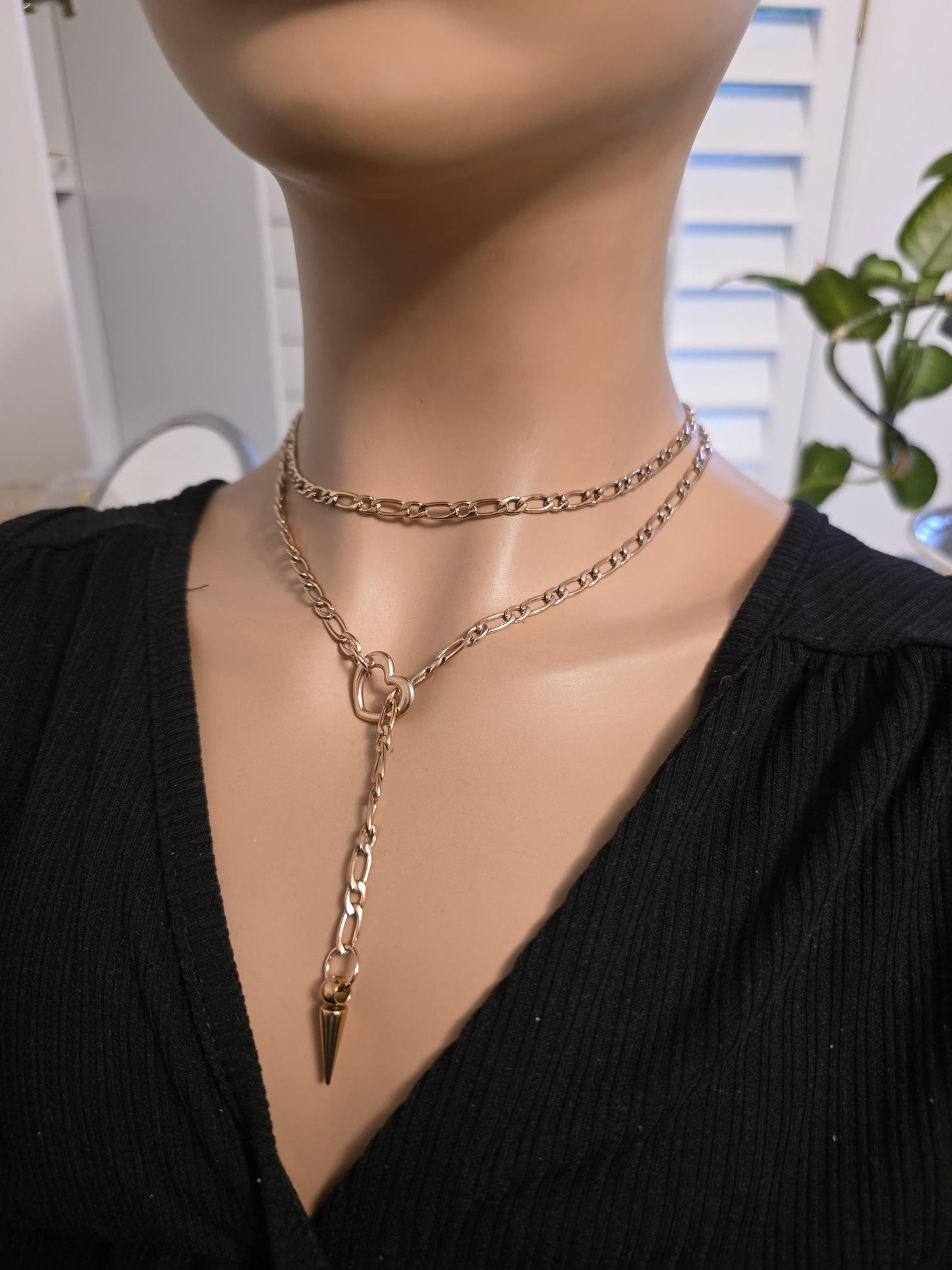 Rose Gold Plated Steel Slip Chain Lariat Heart Necklace with spike Pendant: Discreet Day Collar Couples Jewelry