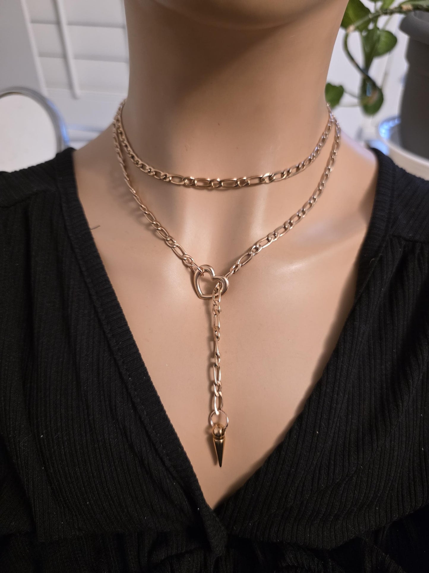 Rose Gold Plated Steel Slip Chain Lariat Heart Necklace with spike Pendant: Discreet Day Collar Couples Jewelry