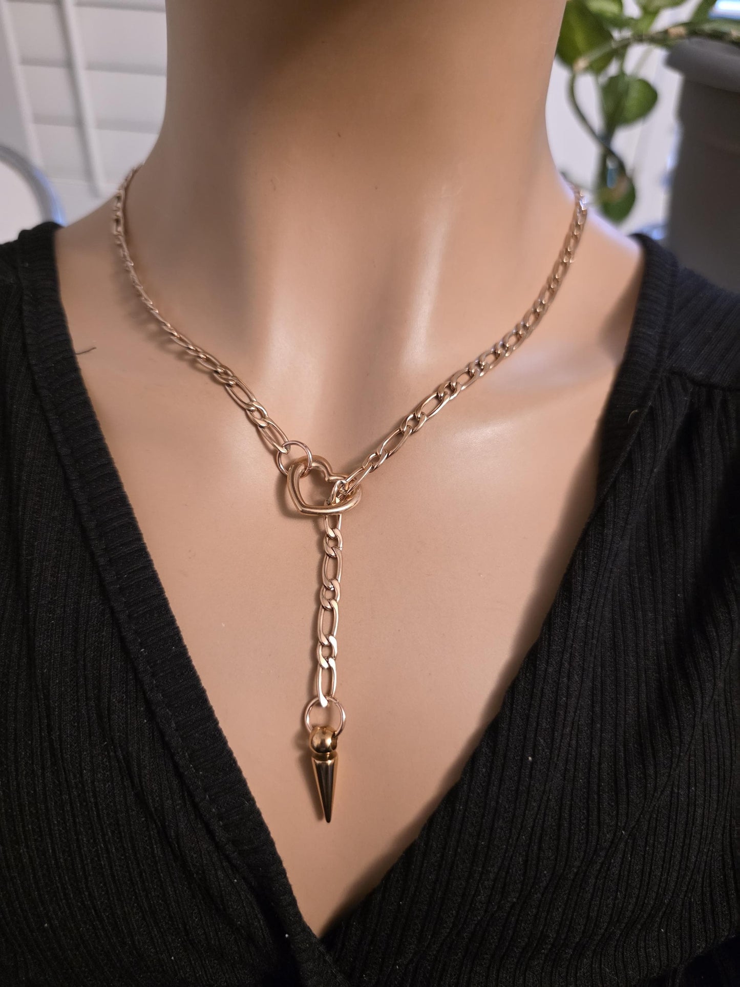 Rose Gold Plated Steel Slip Chain Lariat Heart Necklace with spike Pendant: Discreet Day Collar Couples Jewelry