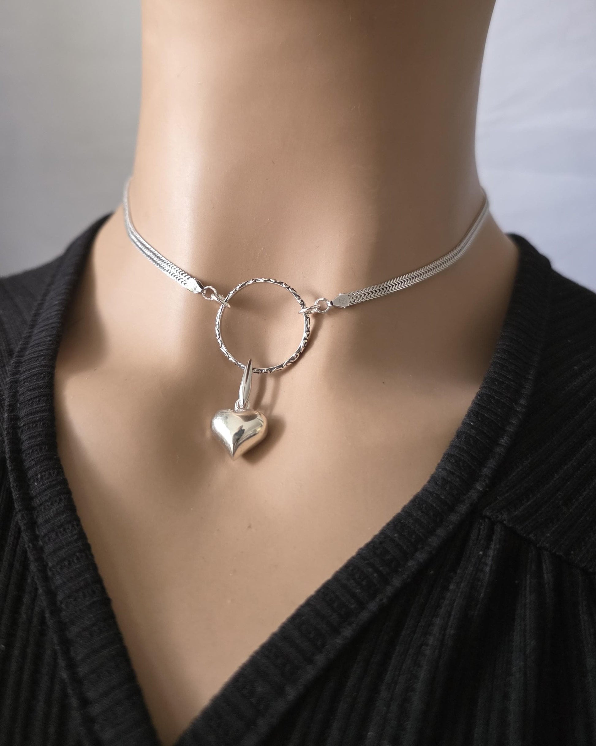 Sterling Silver Heart Discreet Day Collar Choker Necklace with Permanent Locking Ring Option - Intimate Partner Jewelry