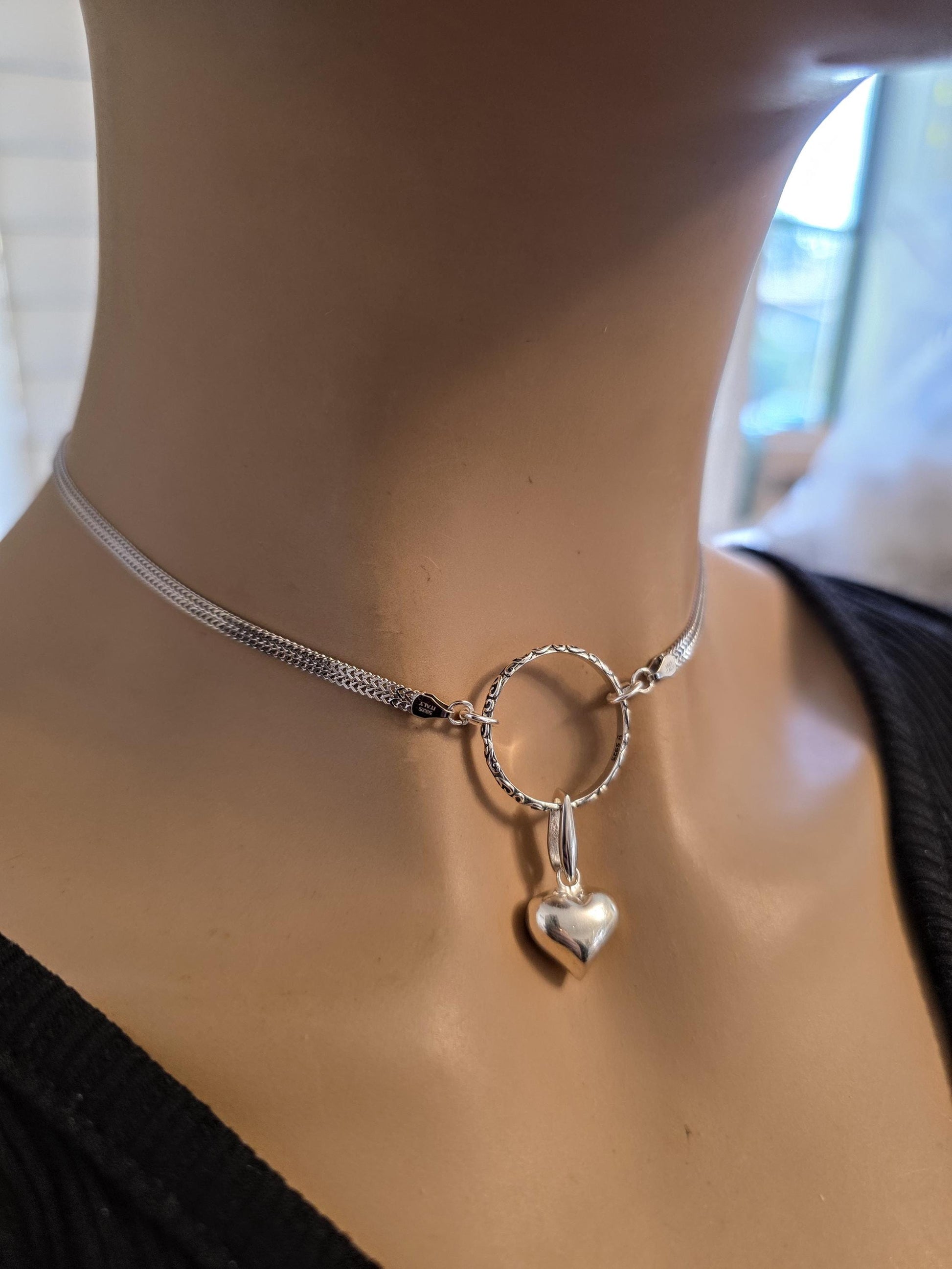 Sterling Silver Heart Discreet Day Collar Choker Necklace with Permanent Locking Ring Option - Intimate Partner Jewelry