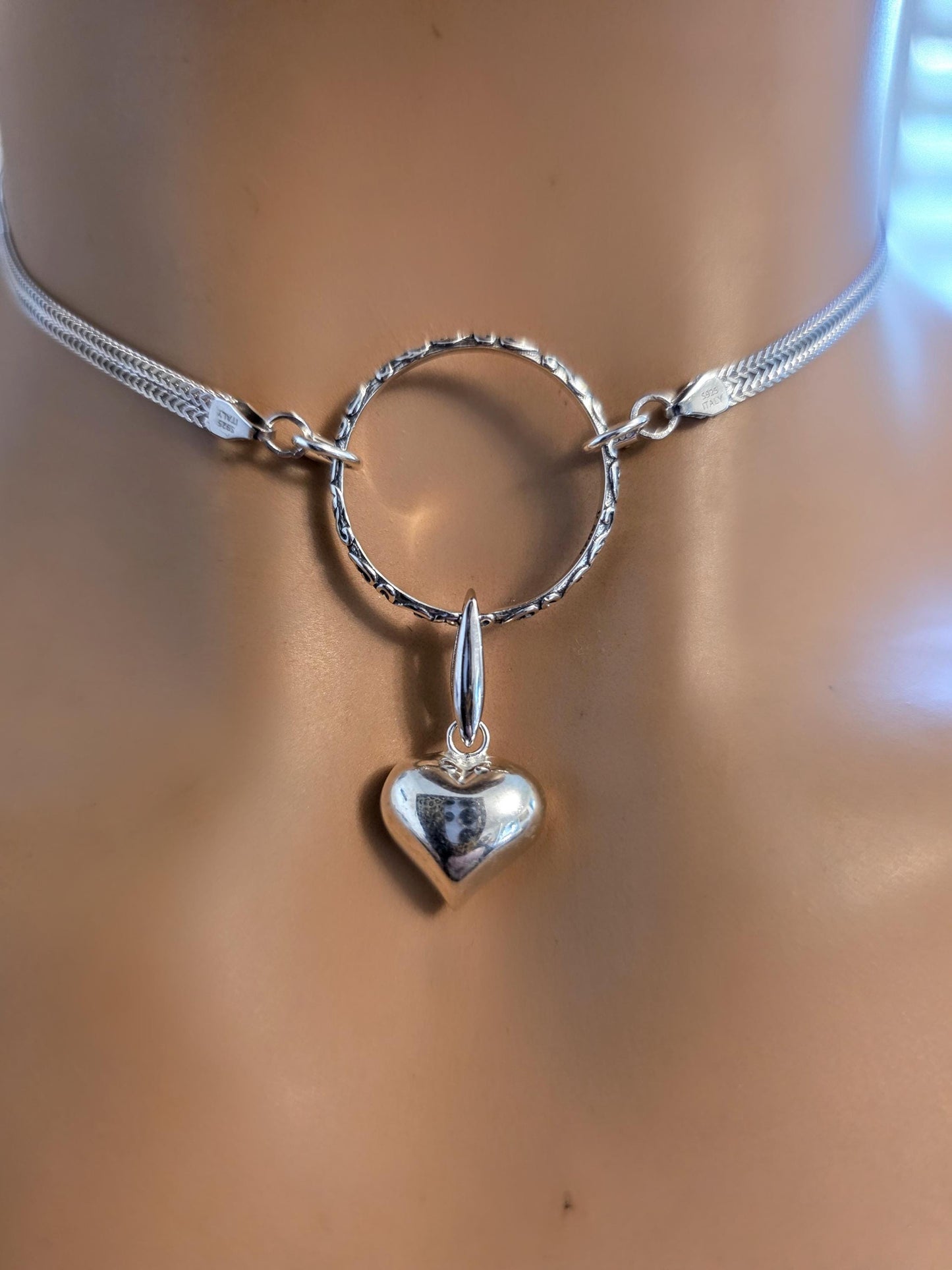 Sterling Silver Heart Discreet Day Collar Choker Necklace with Permanent Locking Ring Option - Intimate Partner Jewelry