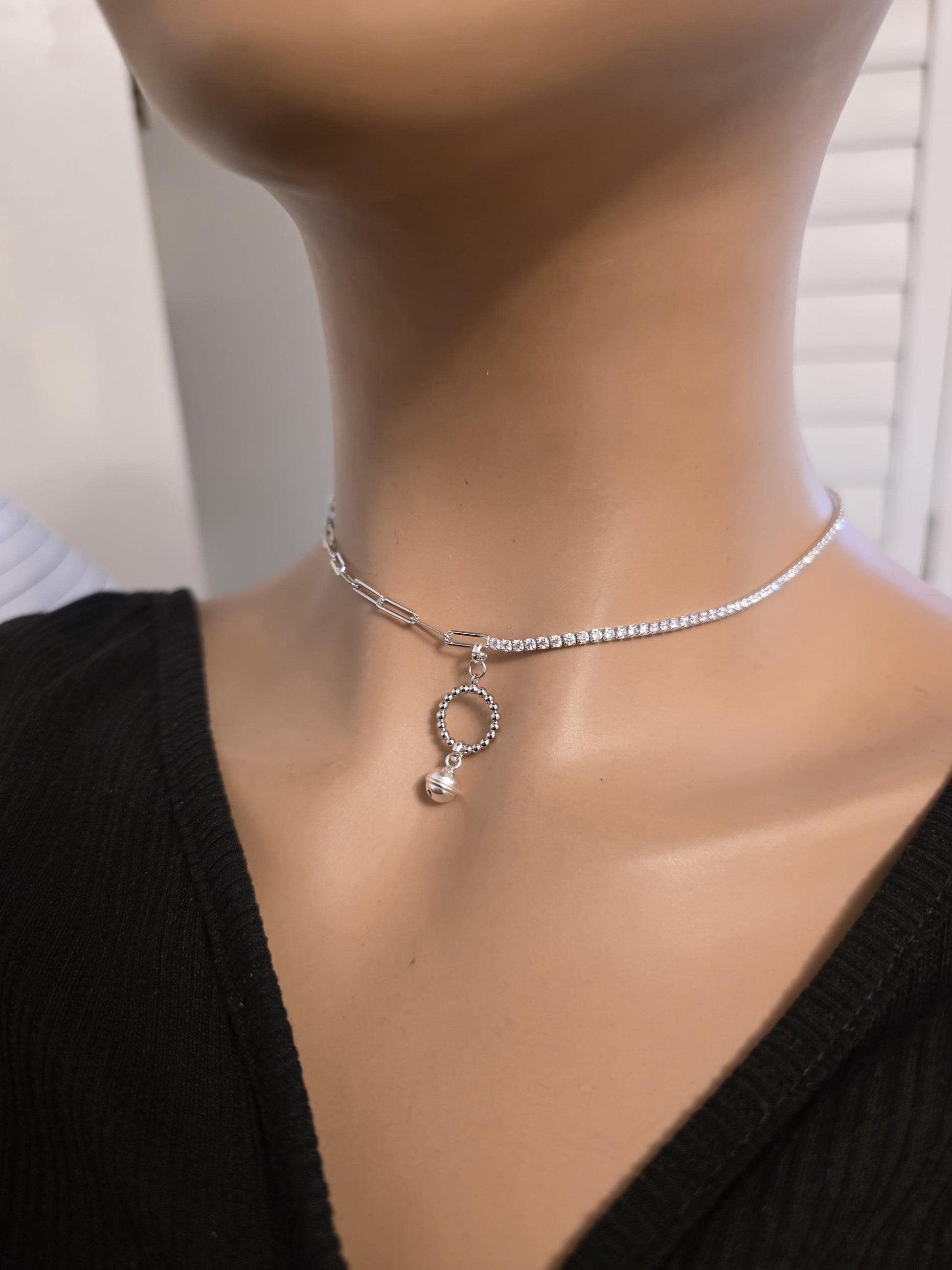 925 Solid Sterling Silver Bell Day Collar Cubic Zirconia Choker Necklace - Locking Option - Intimate Partner Jewelry