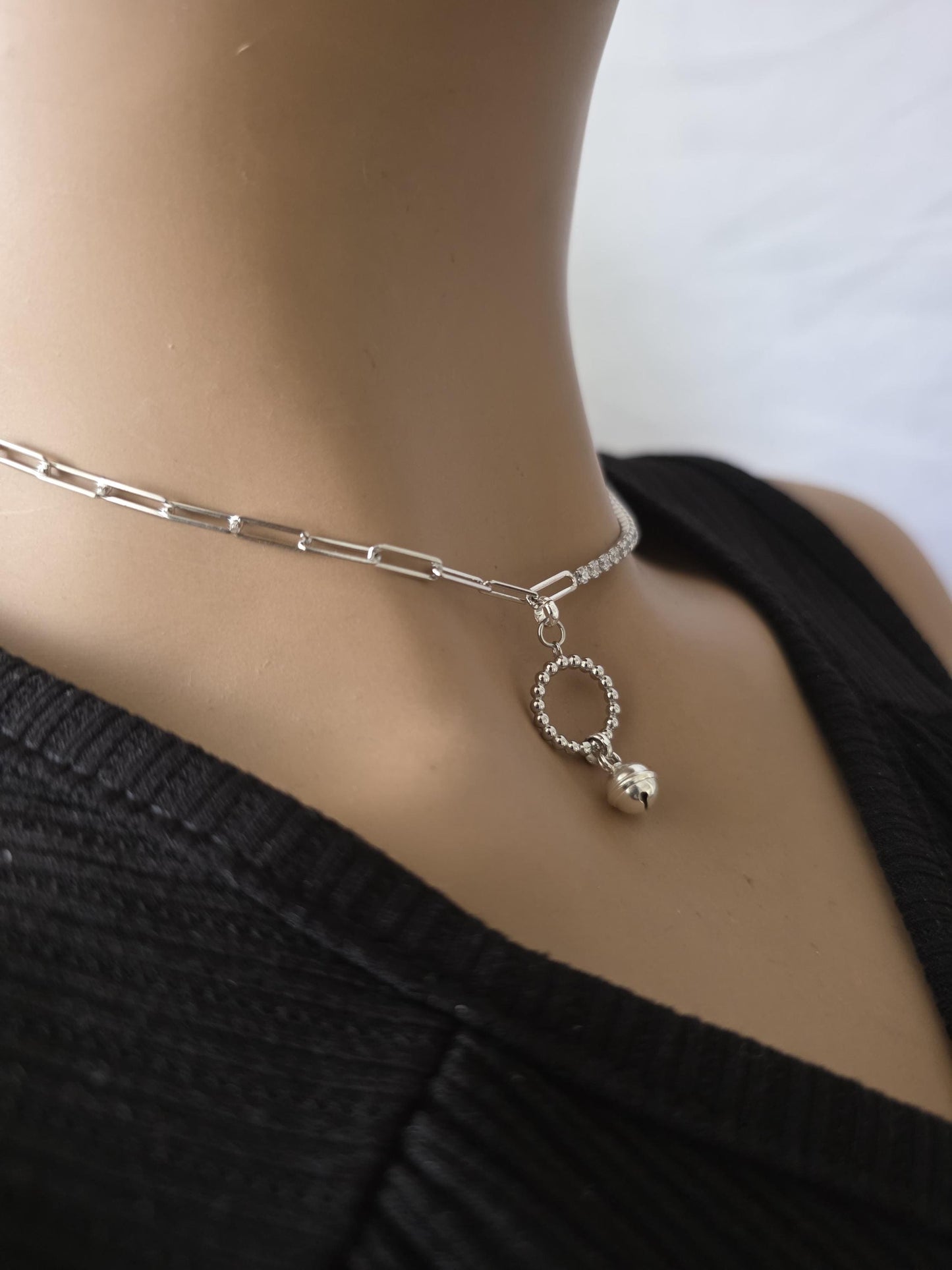 925 Solid Sterling Silver Bell Day Collar Cubic Zirconia Choker Necklace - Locking Option - Intimate Partner Jewelry