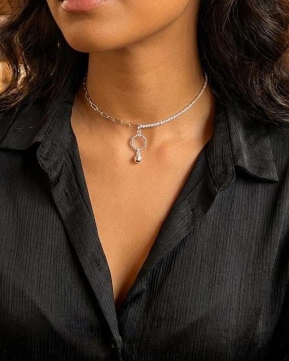 925 Solid Sterling Silver Bell Day Collar Cubic Zirconia Choker Necklace - Locking Option - Intimate Partner Jewelry