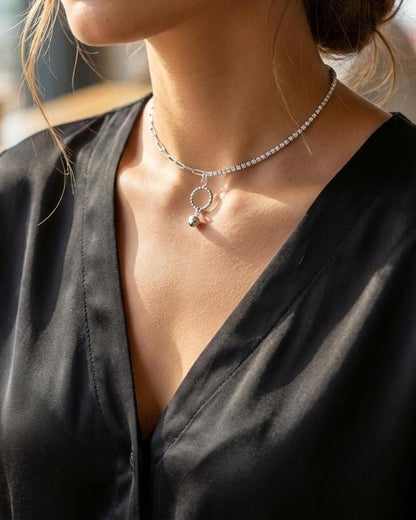 925 Solid Sterling Silver Bell Day Collar Cubic Zirconia Choker Necklace - Locking Option - Intimate Partner Jewelry