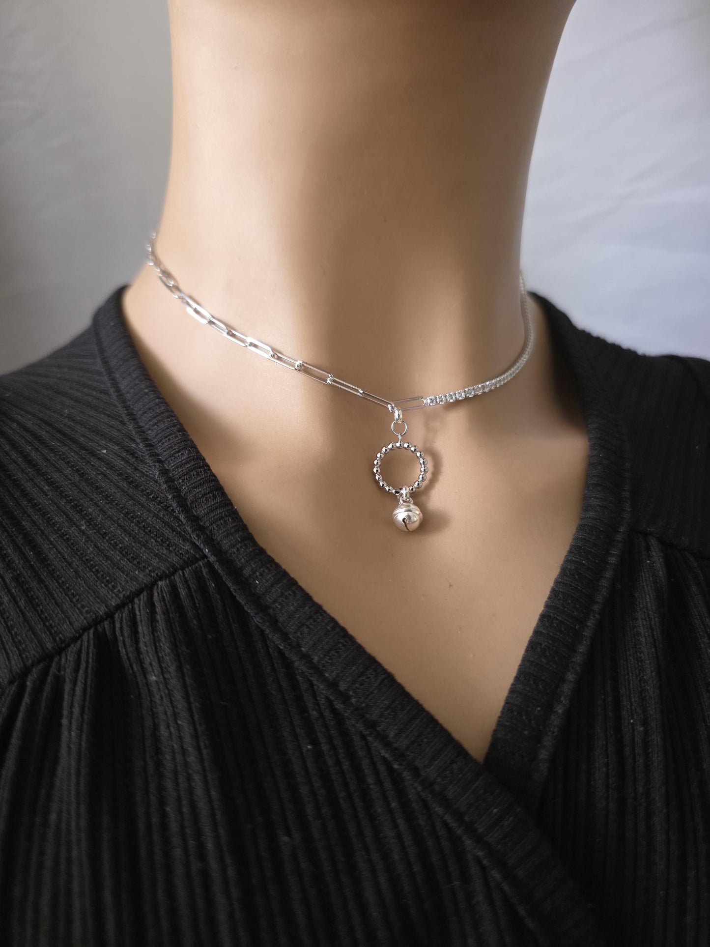 925 Solid Sterling Silver Bell Day Collar Cubic Zirconia Choker Necklace - Locking Option - Intimate Partner Jewelry