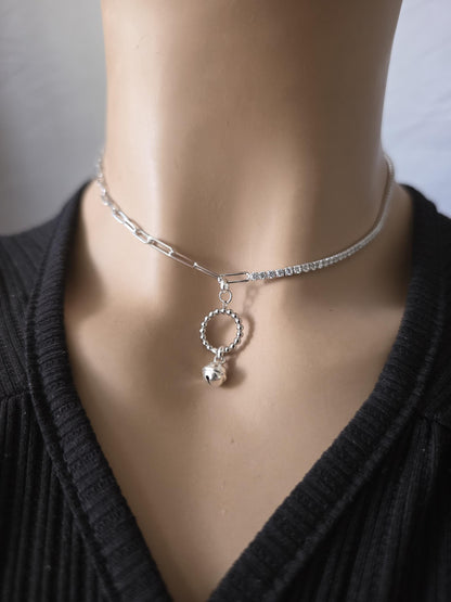 925 Solid Sterling Silver Bell Day Collar Cubic Zirconia Choker Necklace - Locking Option - Intimate Partner Jewelry
