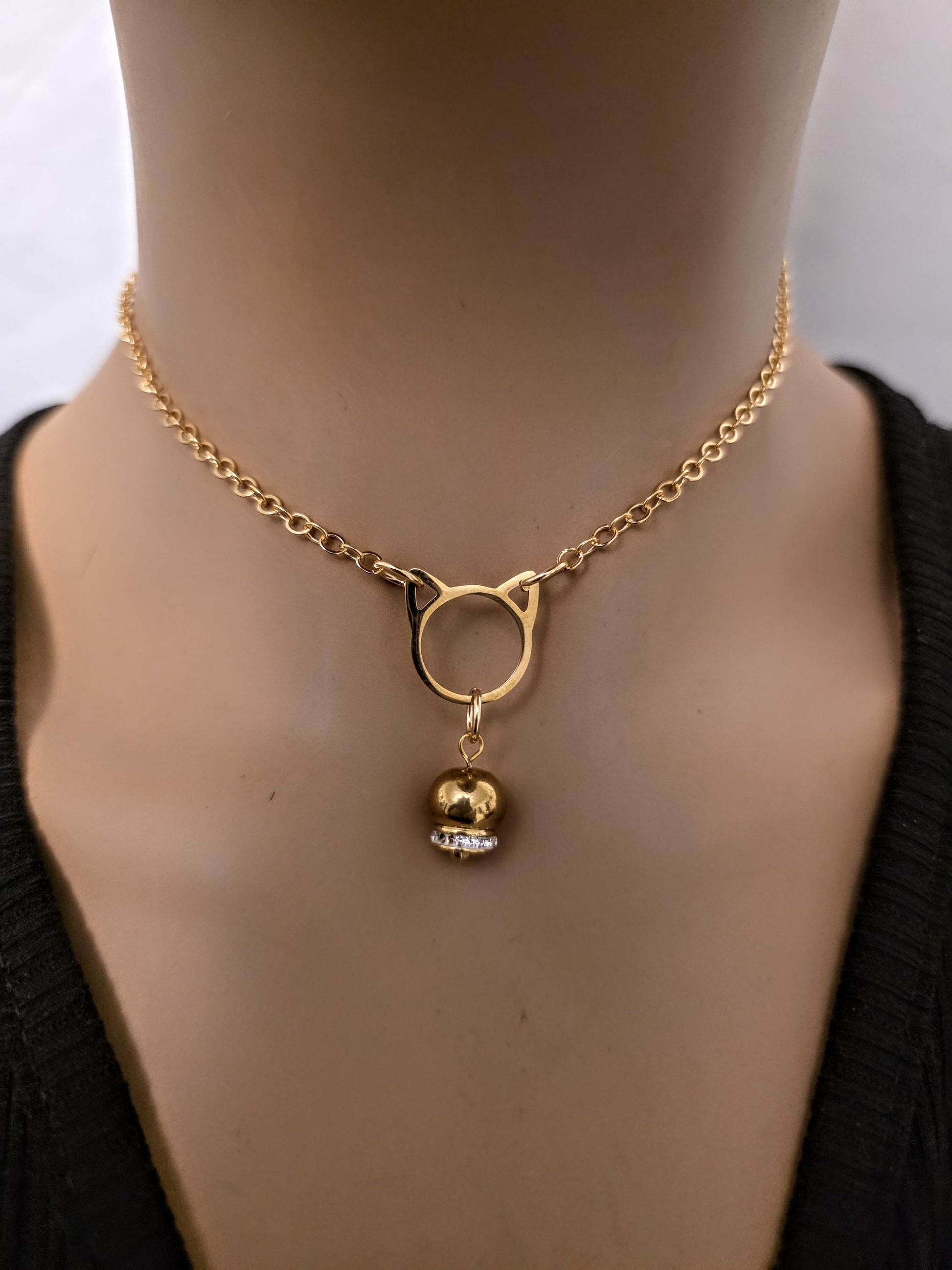 Gold Kitten Bell Kitty Cat Day Collar Choker Intimate Partner Necklace Coquette with Permanent Locking Option