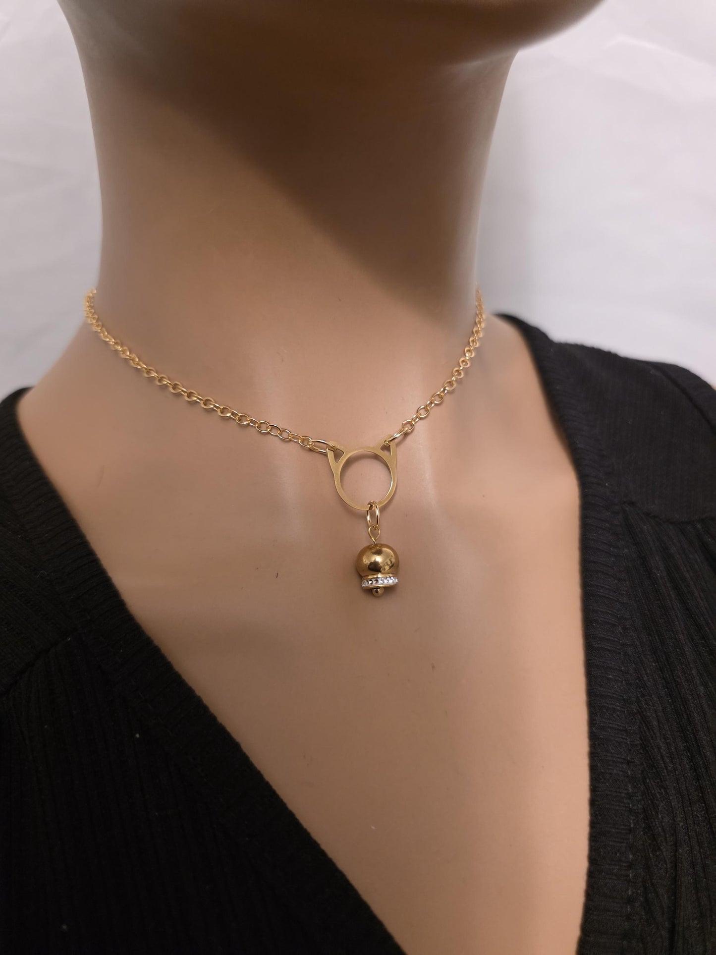 Gold Kitten Bell Kitty Cat Day Collar Choker Intimate Partner Necklace Coquette with Permanent Locking Option