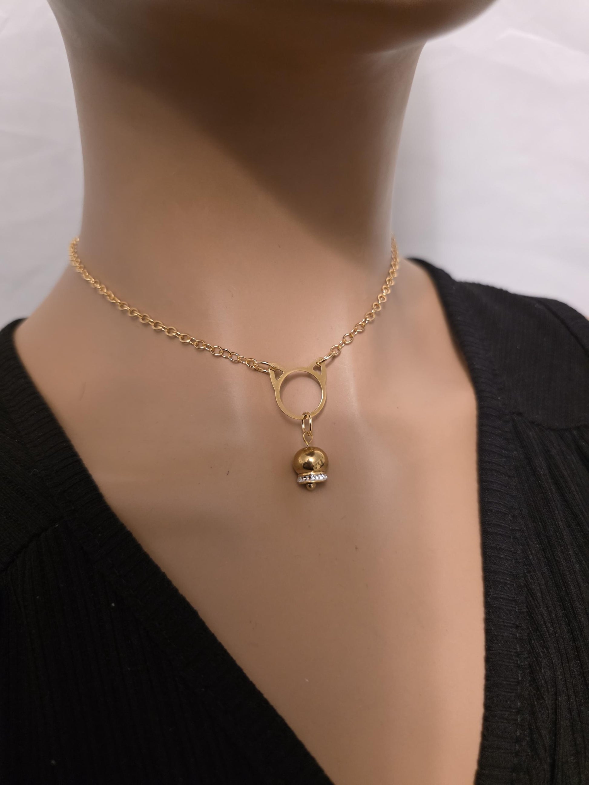Gold Kitten Bell Kitty Cat Day Collar Choker Intimate Partner Necklace Coquette with Permanent Locking Option