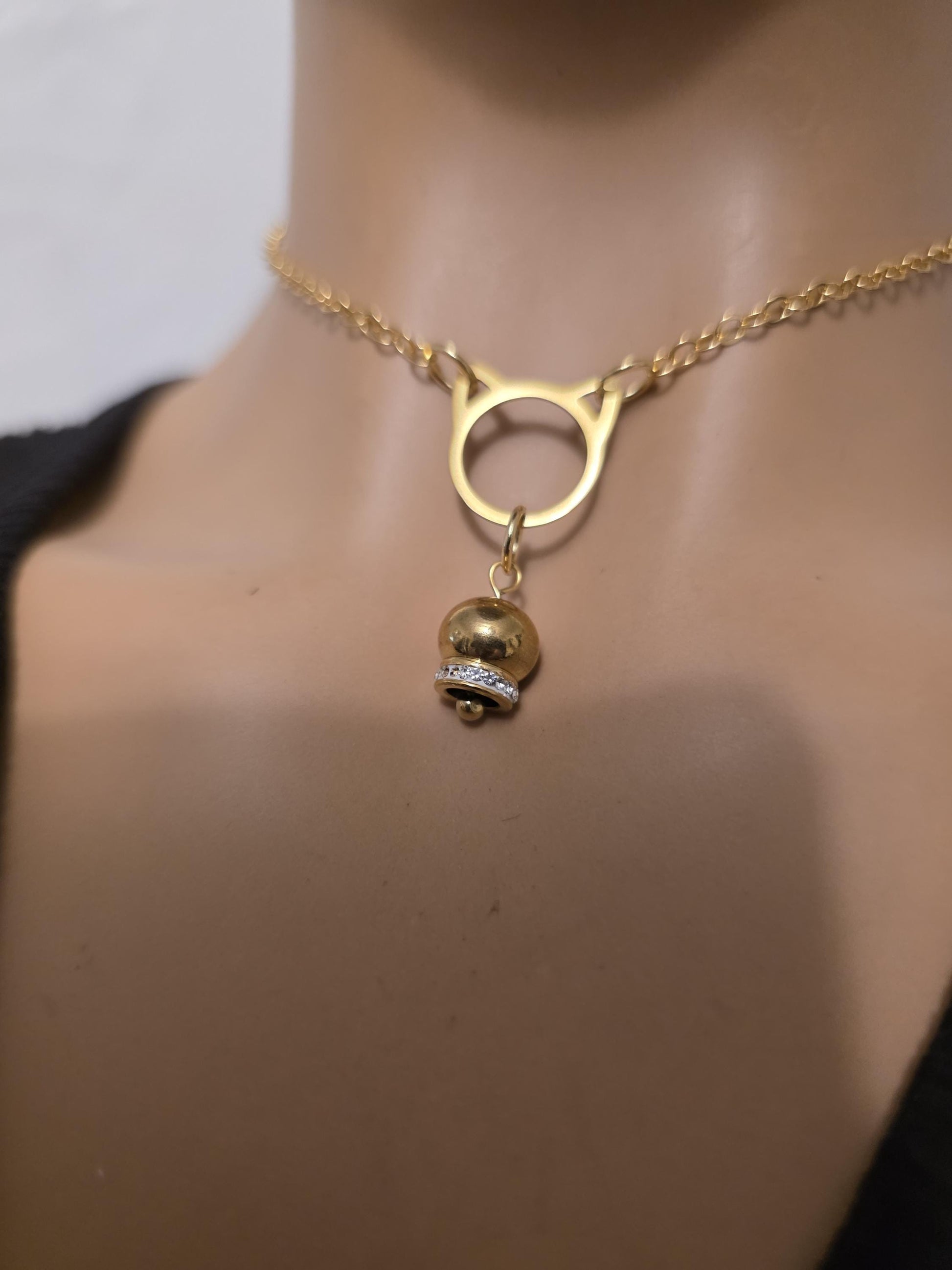 Gold Kitten Bell Kitty Cat Day Collar Choker Intimate Partner Necklace Coquette with Permanent Locking Option