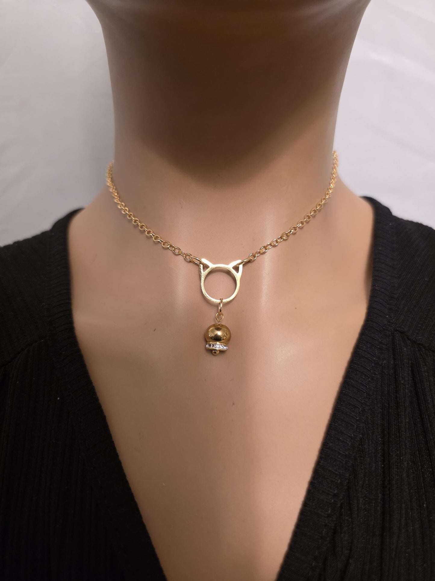 Gold Kitten Bell Kitty Cat Day Collar Choker Intimate Partner Necklace Coquette with Permanent Locking Option