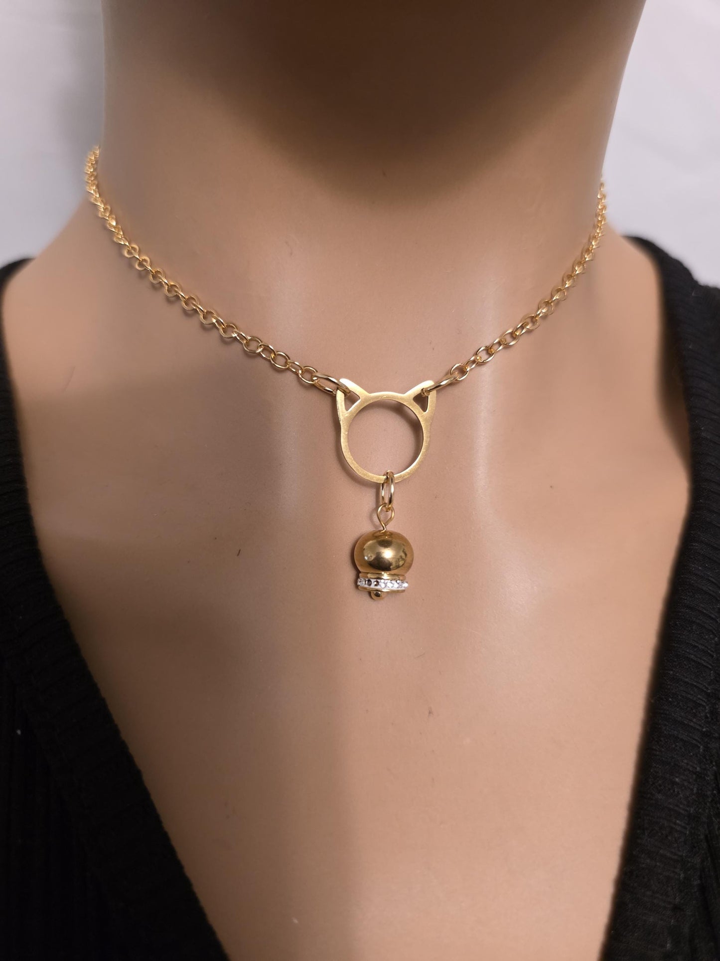 Gold Kitten Bell Kitty Cat Day Collar Choker Intimate Partner Necklace Coquette with Permanent Locking Option