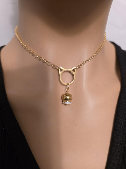 Gold Kitten Bell Kitty Cat Day Collar Choker Intimate Partner Necklace Coquette with Permanent Locking Option