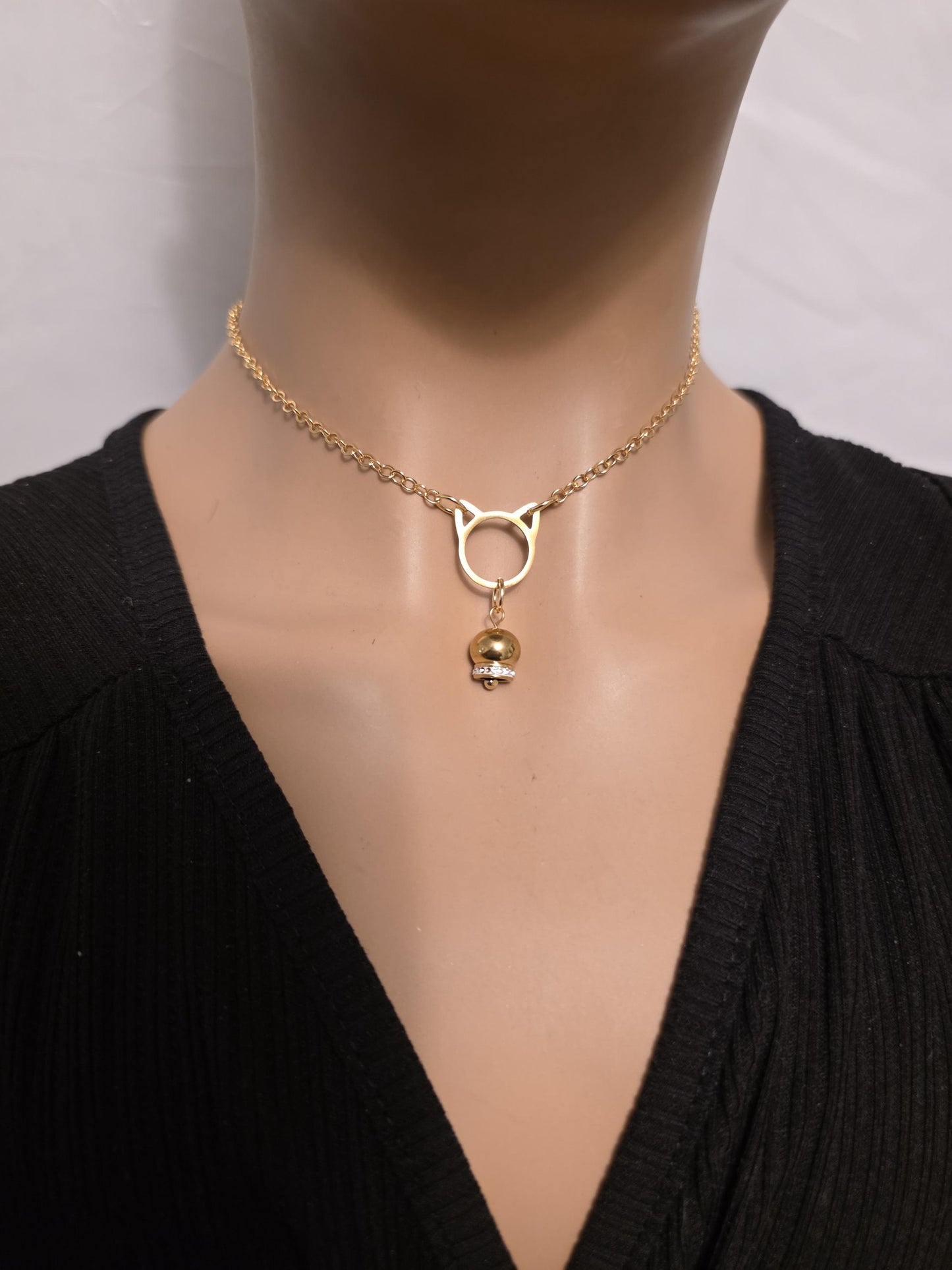 Gold Kitten Bell Kitty Cat Day Collar Choker Intimate Partner Necklace Coquette with Permanent Locking Option