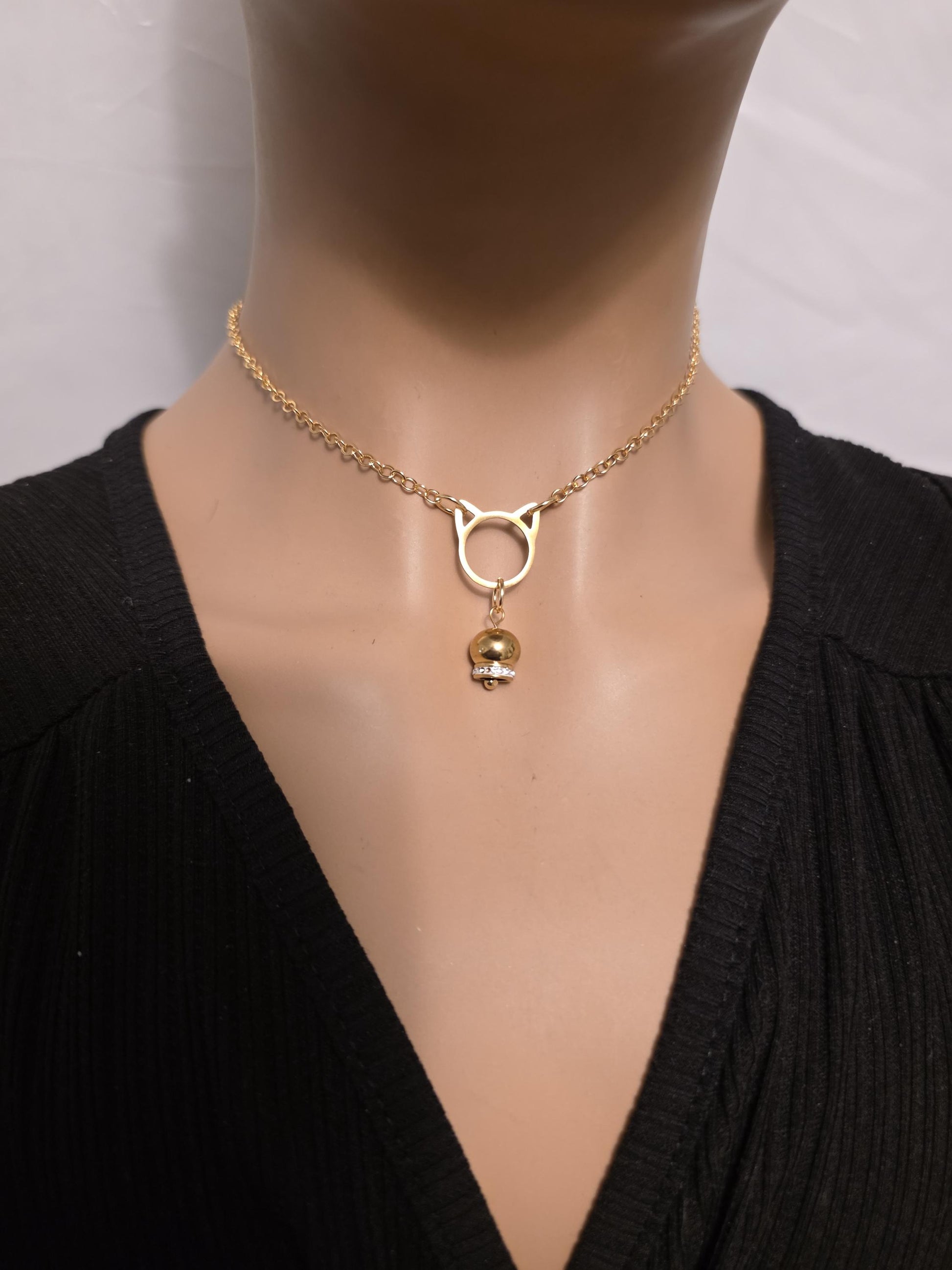 Gold Kitten Bell Kitty Cat Day Collar Choker Intimate Partner Necklace Coquette with Permanent Locking Option