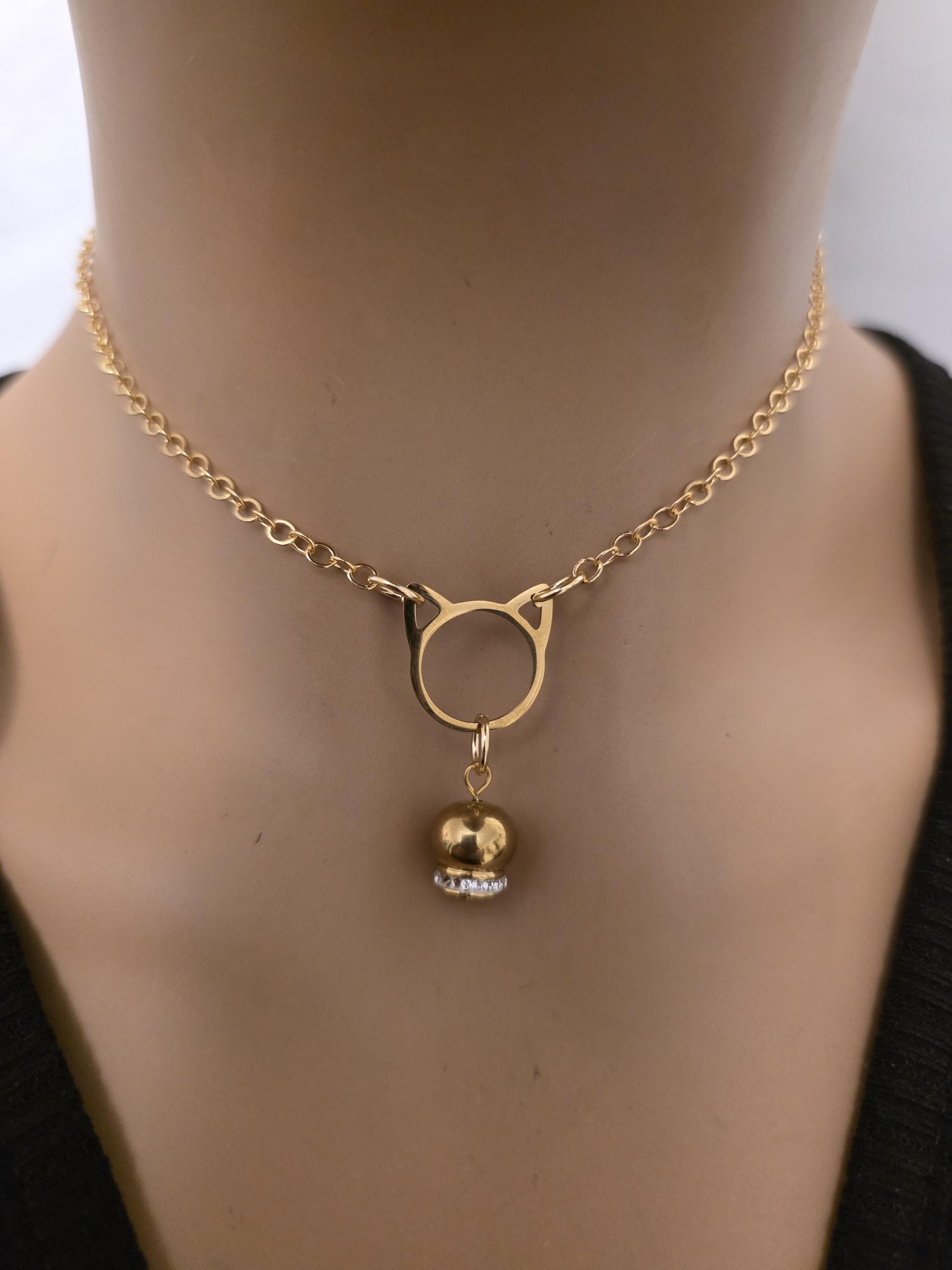 Gold Kitten Bell Kitty Cat Day Collar Choker Intimate Partner Necklace Coquette with Permanent Locking Option