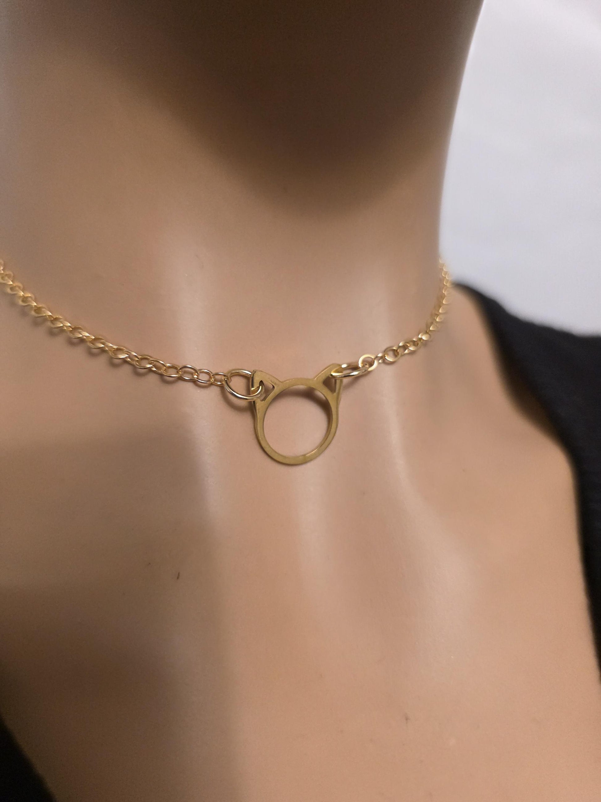 Gold Kitten Kitty Cat Day Collar Choker Intimate Partner Necklace Coquette with Permanent Locking Option