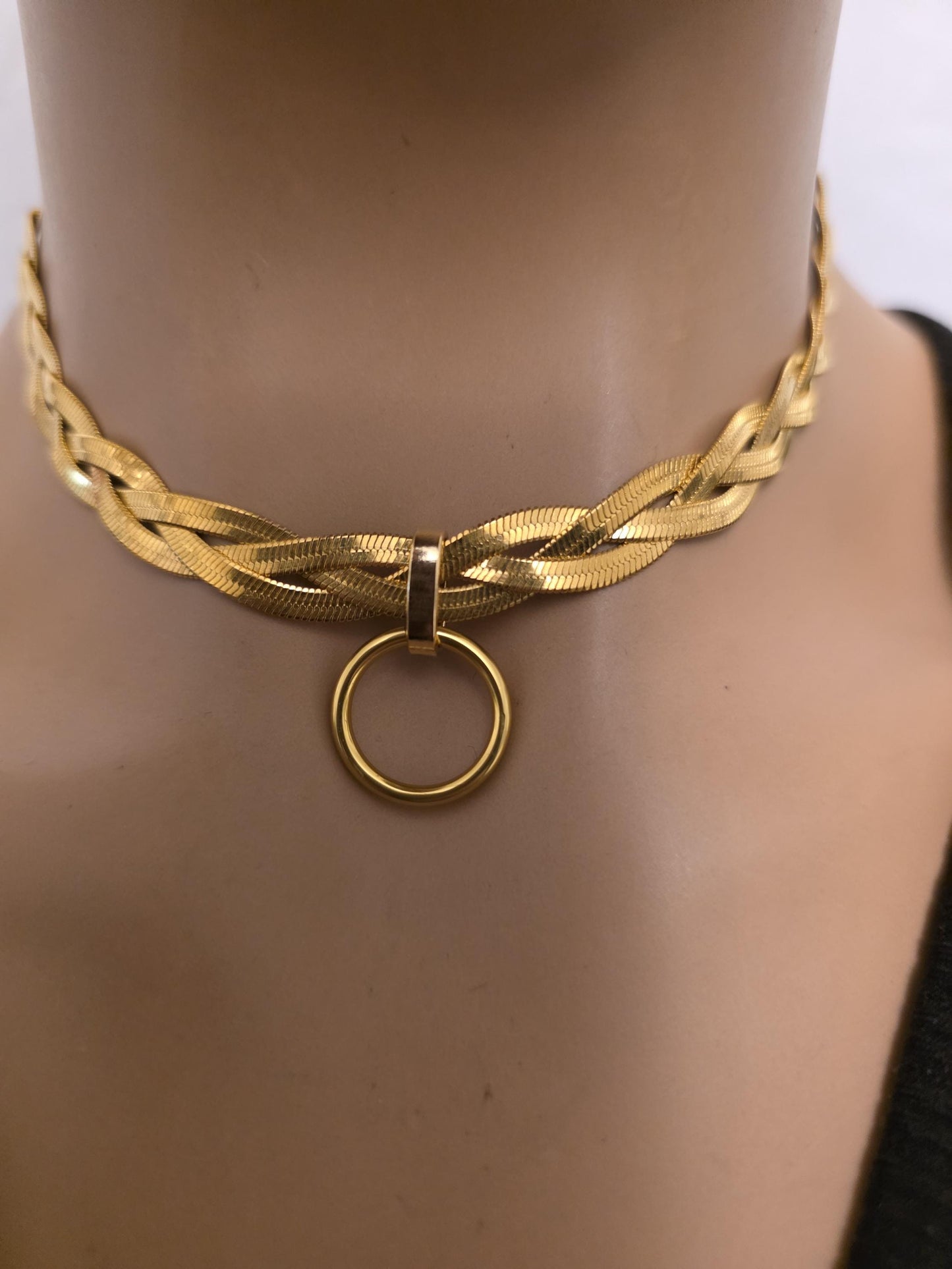 Gold Braided Herringbone Day Collar Choker Necklace, Permanent Locking Clasp Option, Intimate BDSM Jewelry