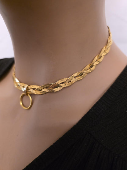 Gold Braided Herringbone Day Collar Choker Necklace, Permanent Locking Clasp Option, Intimate BDSM Jewelry